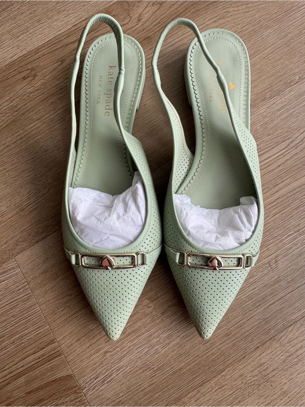 kate spade Mint Green Perforated Pointed Slingback Flats with Gold Accent